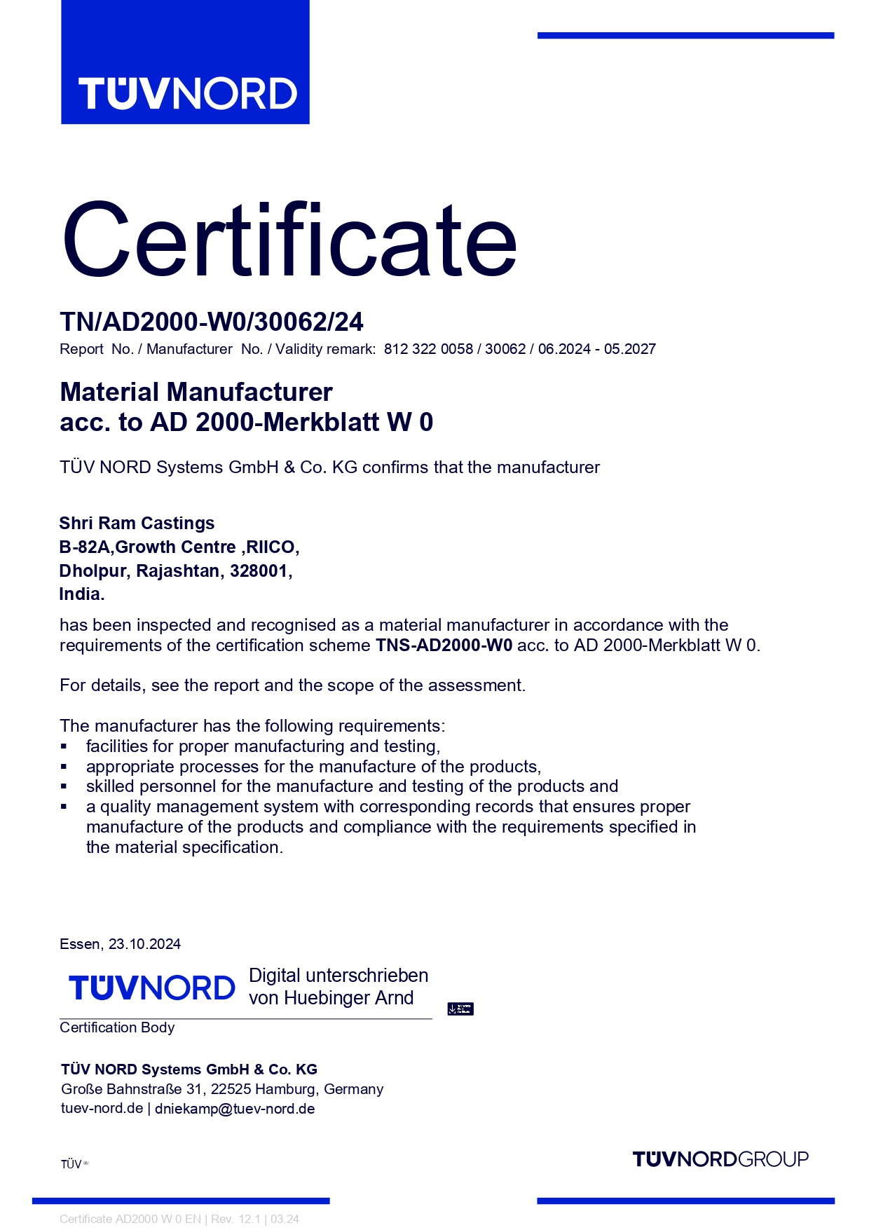Shriram Castings Certification 03